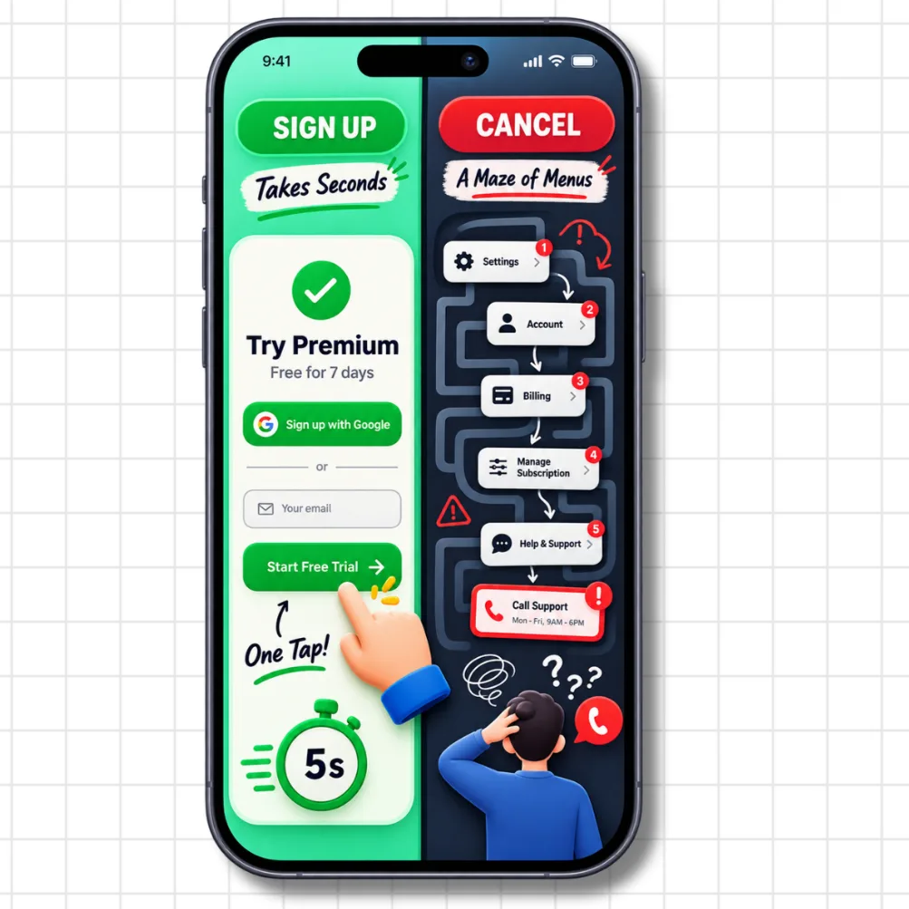 Split screen showing SIGN UP: Takes Seconds with a one-tap green button on the left, versus CANCEL: A Maze of Menus with a 5-step settings path ending at Call Support Mon-Fri 9AM-6PM on the right