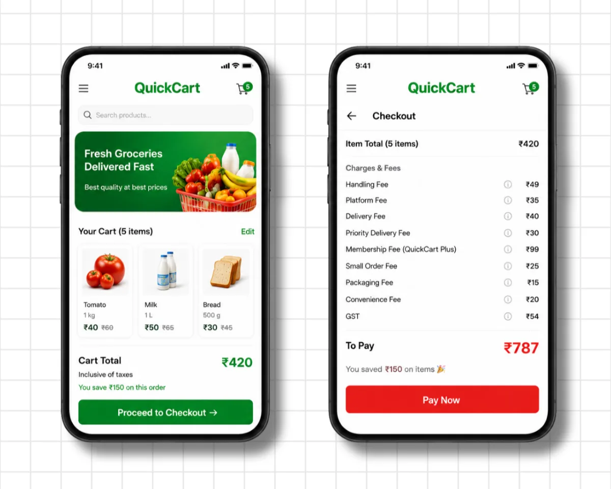 QuickCart app showing Rs 420 cart total on the left and Rs 787 checkout total with hidden fee breakdown on the right