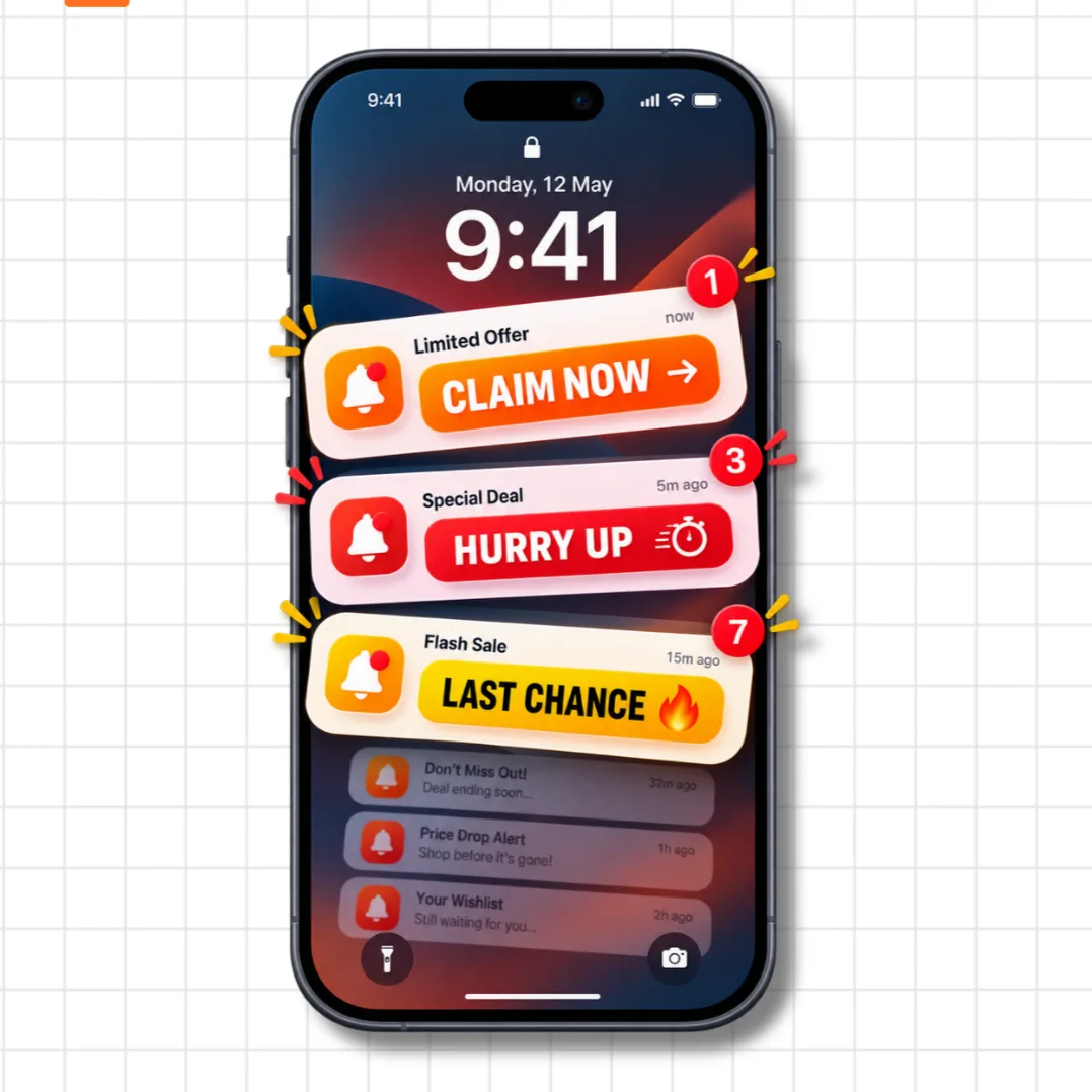 Phone lockscreen showing three stacked push notifications: CLAIM NOW, HURRY UP, and LAST CHANCE from the same app within minutes of each other
