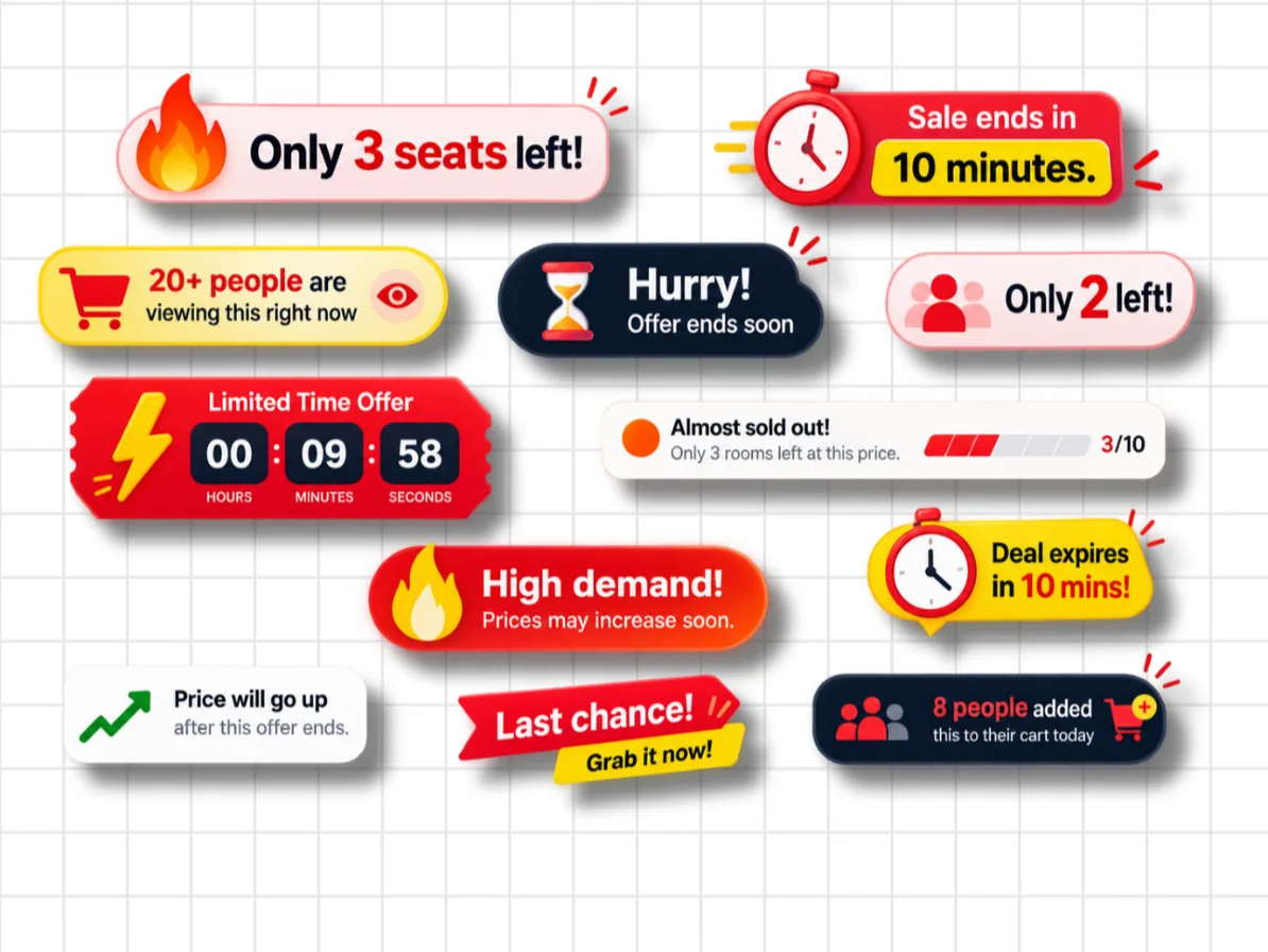 Collage of false urgency UI elements including Only 3 seats left, Sale ends in 10 minutes, High demand prices may increase, countdown timer, and 8 people added this to their cart today