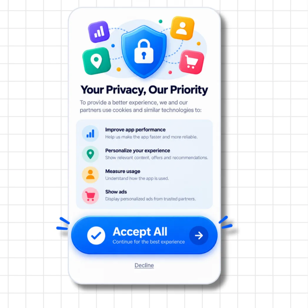 Privacy consent popup showing large blue Accept All button dominating the screen with tiny grey Decline text barely visible underneath