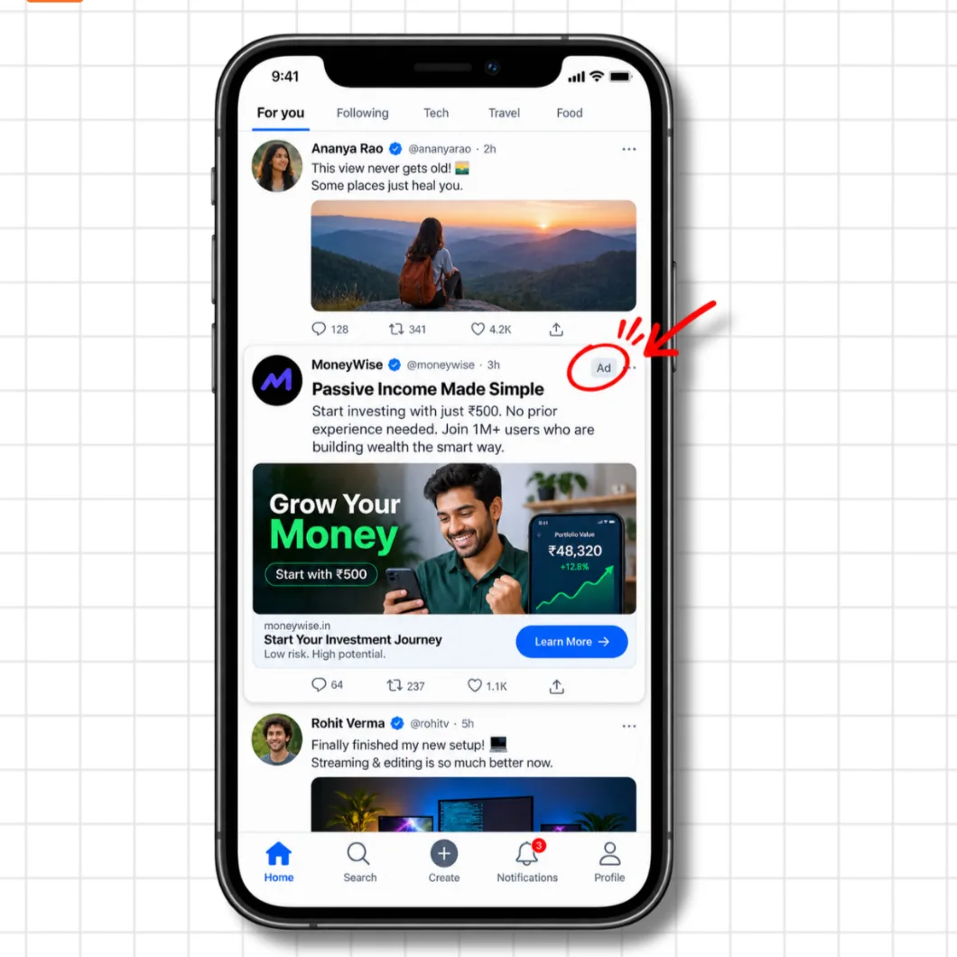 Social media feed showing an organic post above and a MoneyWise sponsored post styled identically below, with a red circle highlighting the tiny low-contrast Ad badge