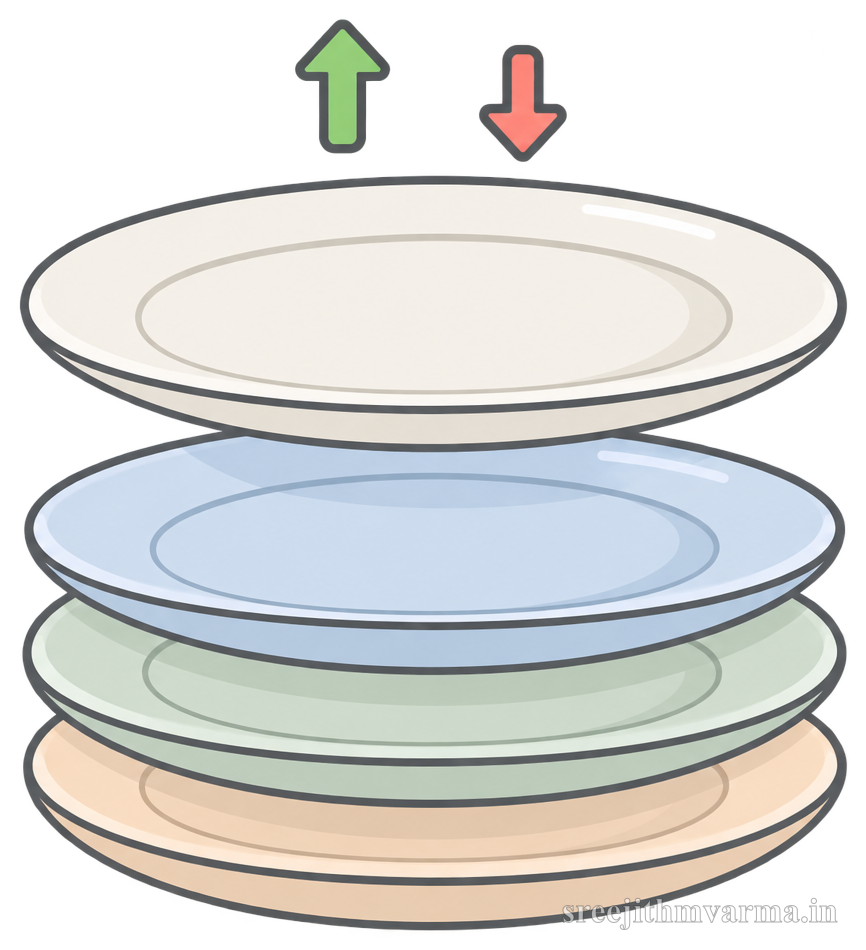 A stack of four plates with an up arrow for adding a plate on top and a down arrow for taking one off the top